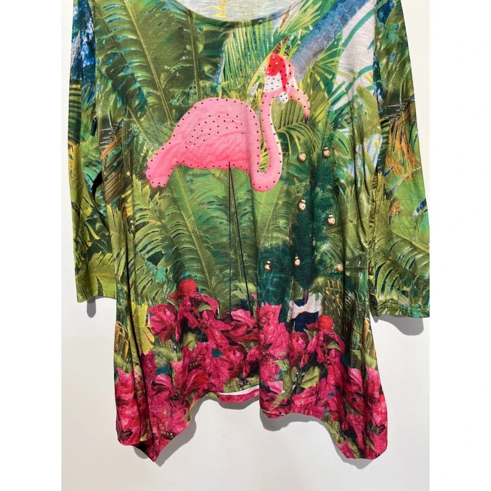 Sun Bay Flamingo Christmas Tropical Tunic Top Large UPF 30 3/4 Sleeve Green Pink